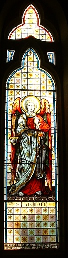 All Saints Church Rennington  Church Guide - Picture of the Archangel Michael in window 