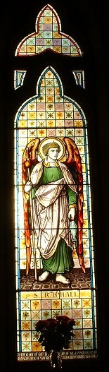 All Saints Church Rennington  Church Guide - Picture of the Archangel Raphael in window 